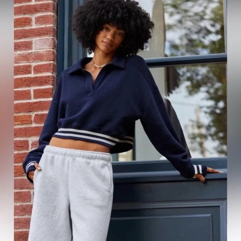 OFFLINE by Aerie Cloud Fleece Polo Sweatshirt in Royal Navy - Size XS
